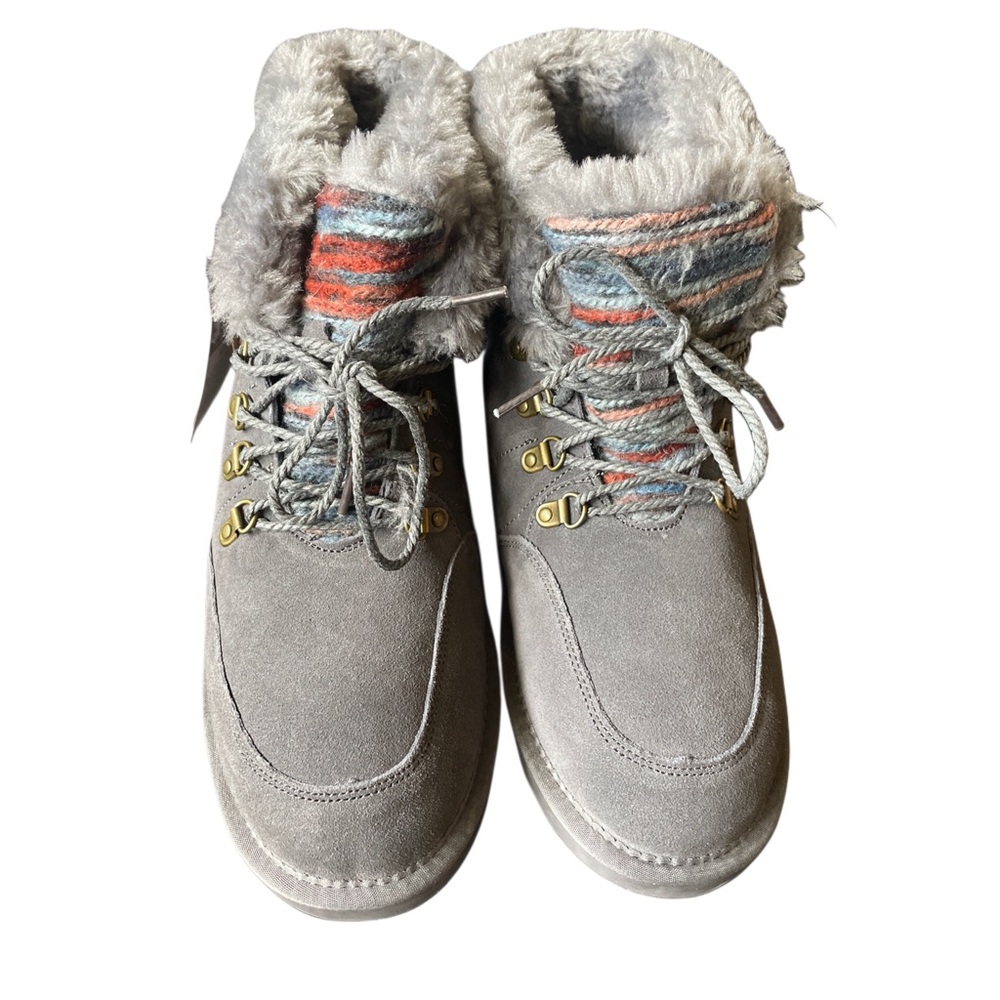 Lamo Grey Suede Faux Fur Knit Lace Up Winter Boots Women 10 Splash Secure NEW